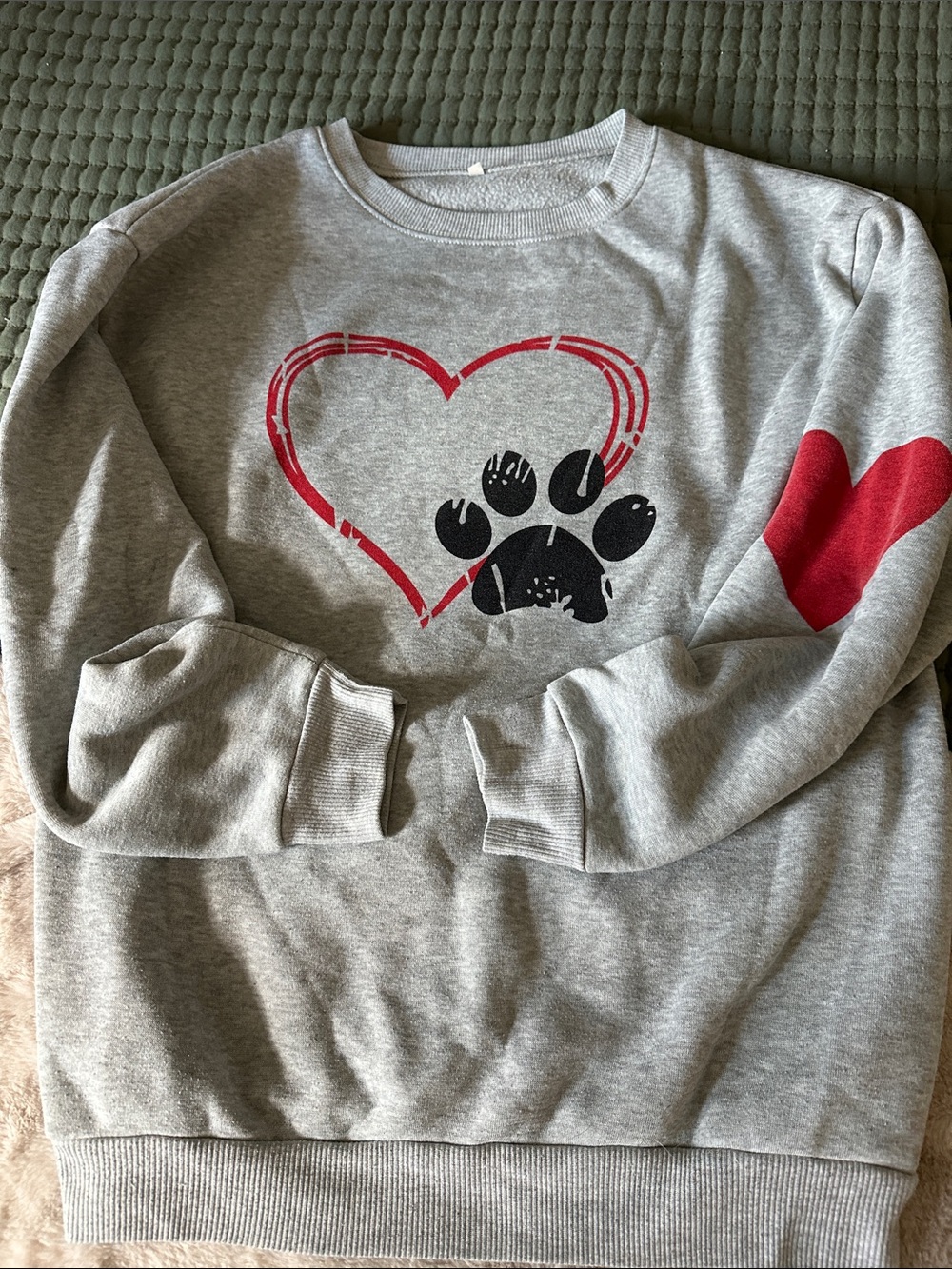 Grey Sweatshirt with Red Heart & Black Paw Graphic Size L